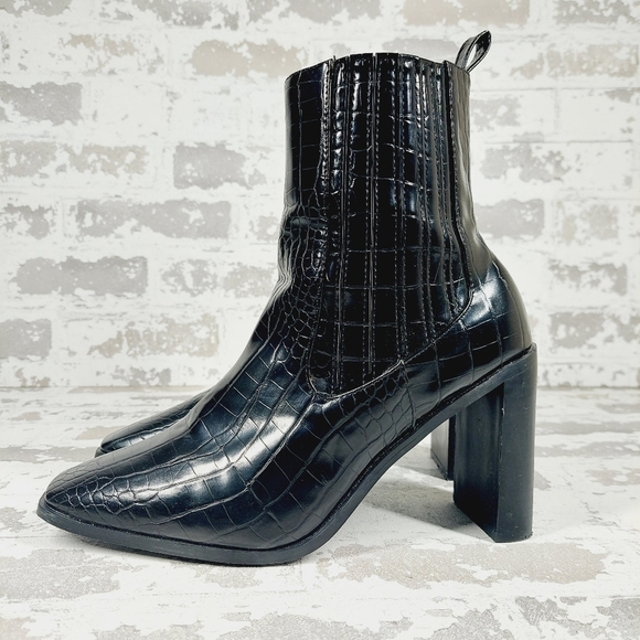 Nasty Gal Black Leather Suede Square Toe Block High Heels Ankle Boots B627 - Picture 1 of 13